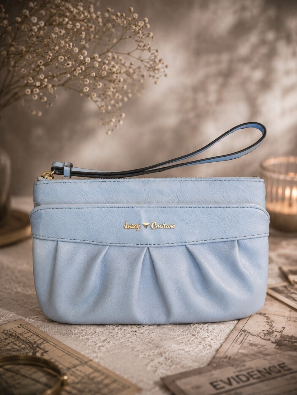 Juicy Couture Baby Blue Wristlet Clutch Gold Logo Pink Lining Y2K NWOT